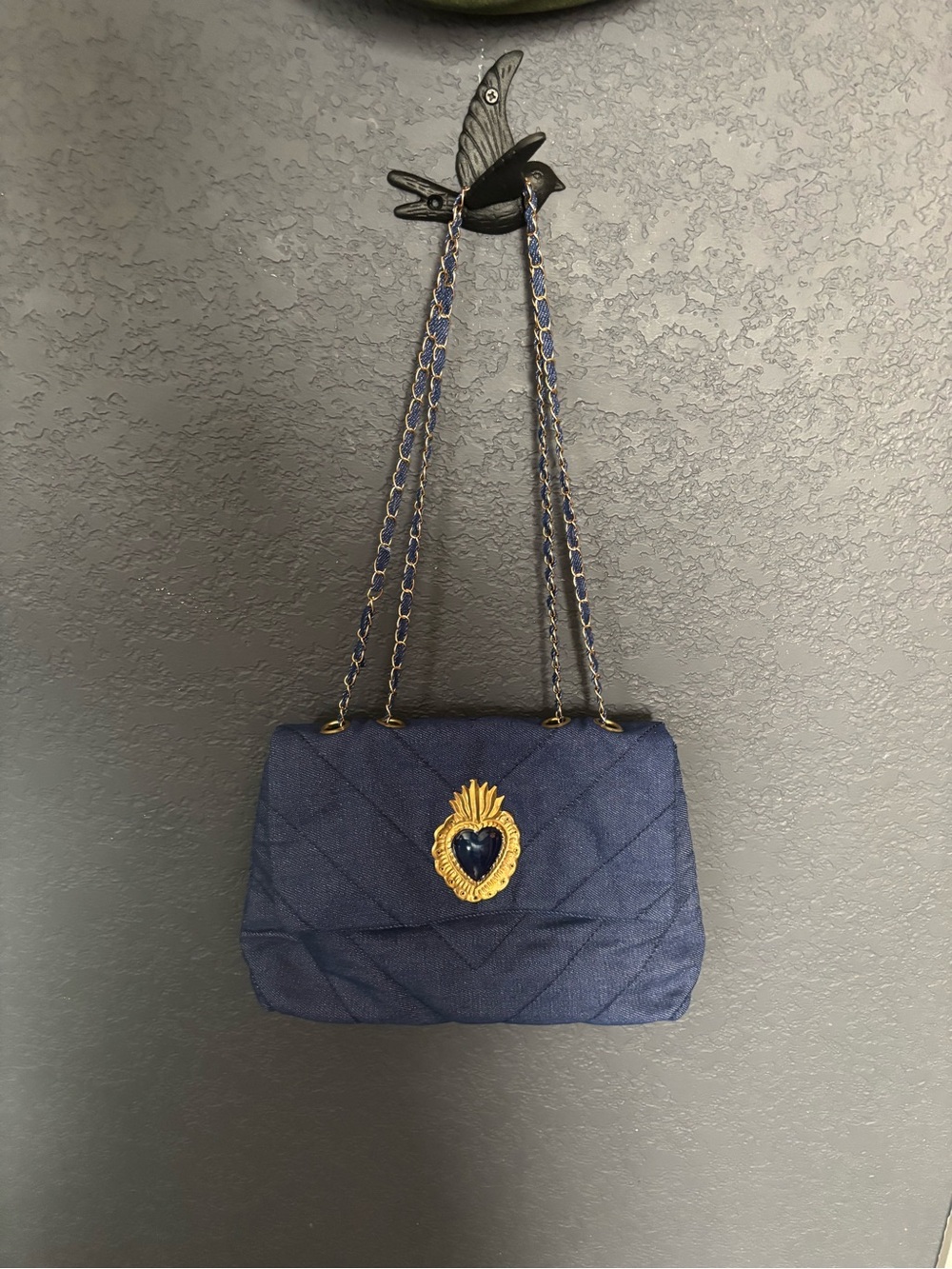 Blue DenimQuilted Chain Shoulder Bag with Gold Heart Emblem